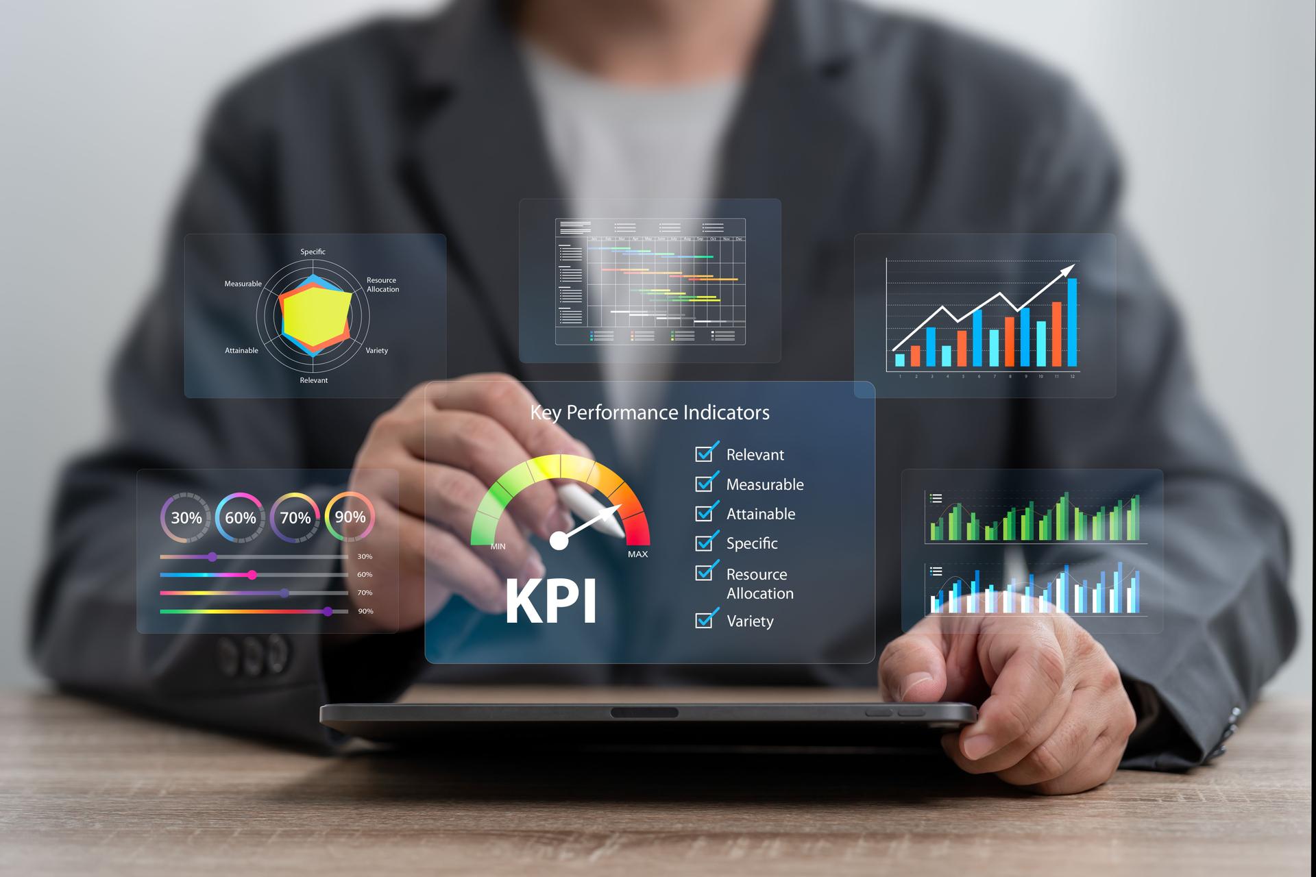 KPI, Key Performance Indicator, Business Data analytics automated  concept, Businessman use tablets shows KPI dashboard, Analyse graphs efficiently, Business target operations, Data System KPI metrics