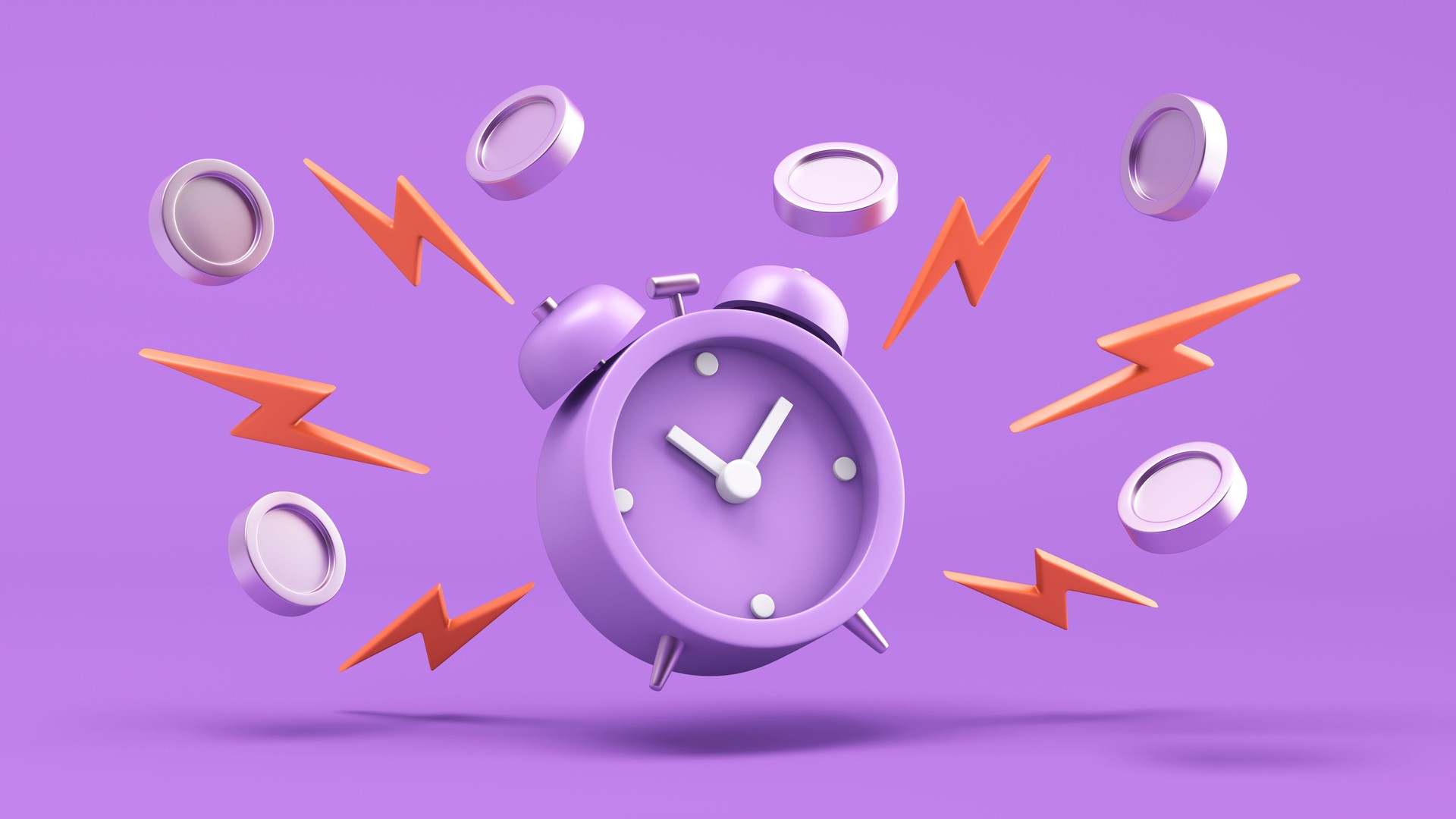 Purple alarm clock surrounded by coins and lightning bolts